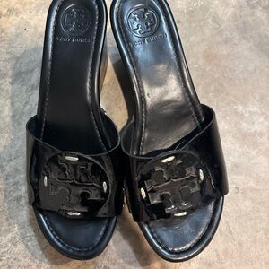 Tory Burch Black Patent Logo Slide Mules